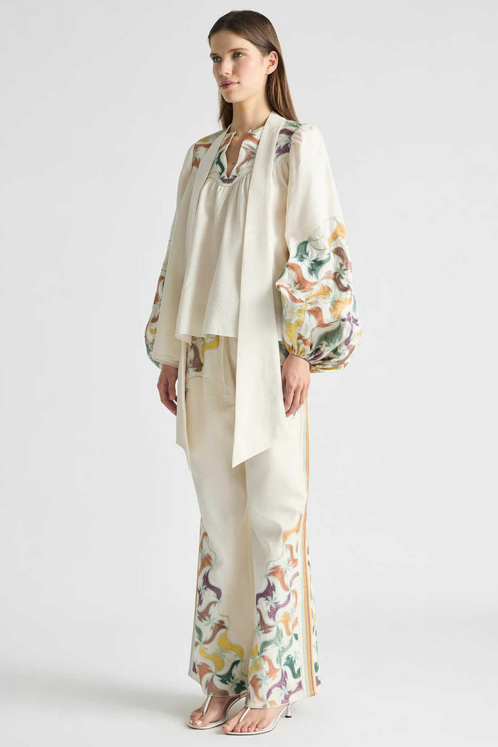 High Neck Tie Billow Blouse in Framed