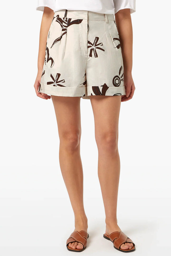High Rise Printed Linen Shorts in Inky Sun