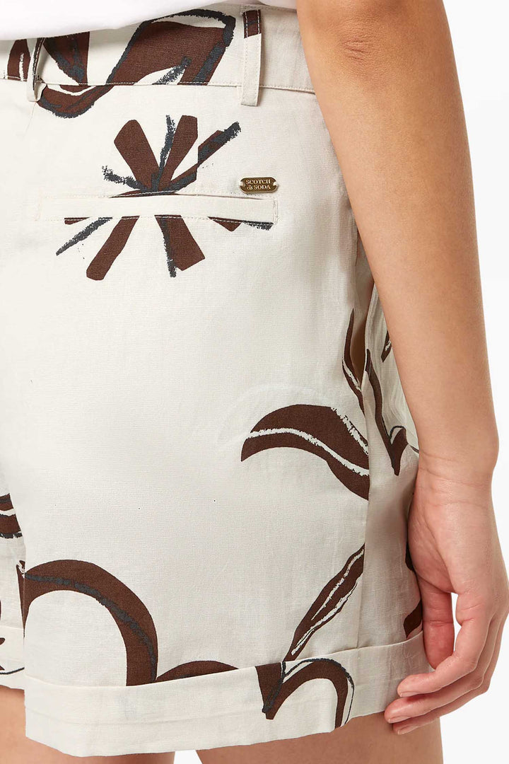 High Rise Printed Linen Shorts in Inky Sun