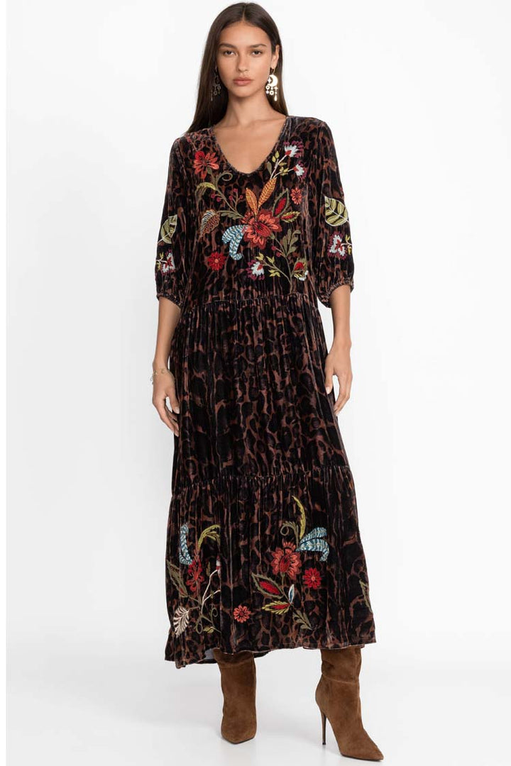 Isabella Velvet Tiered Dress in Leopard