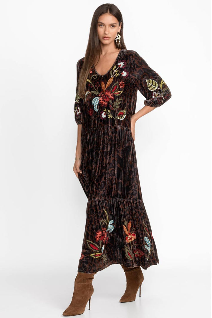 Isabella Velvet Tiered Dress in Leopard