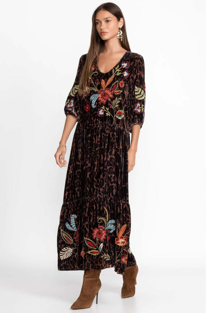 Isabella Velvet Tiered Dress in Leopard