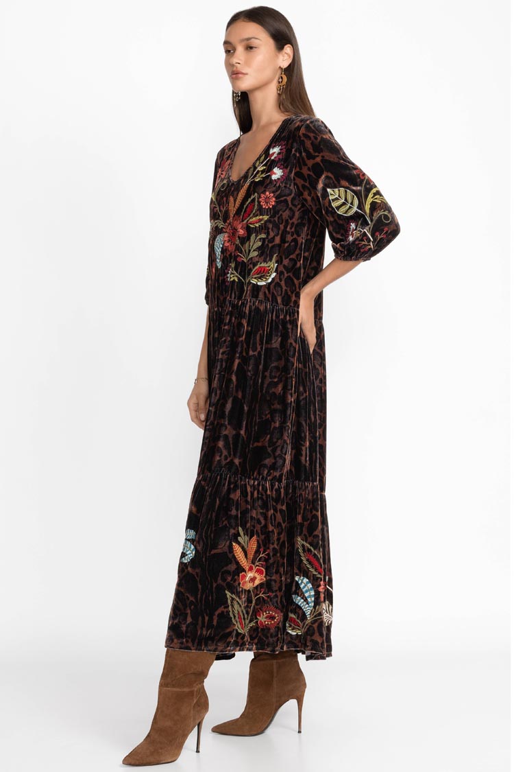 Isabella Velvet Tiered Dress in Leopard