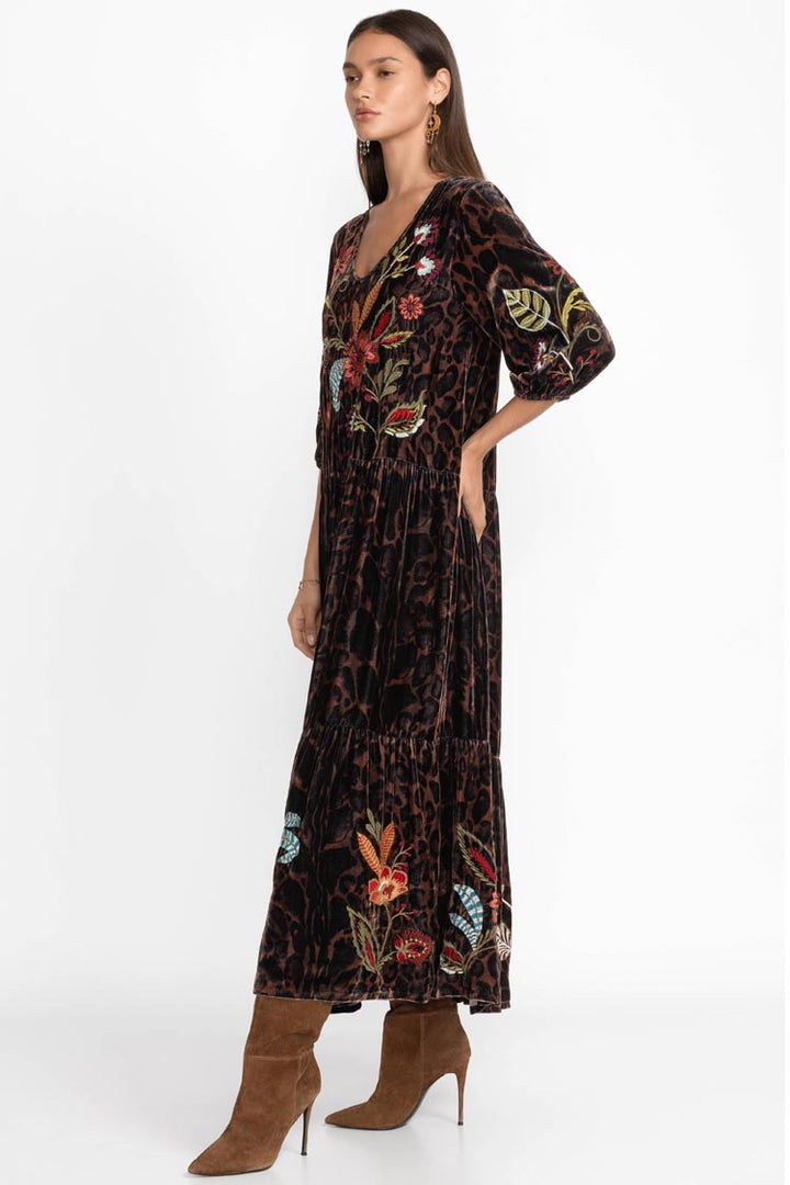 Isabella Velvet Tiered Dress in Leopard