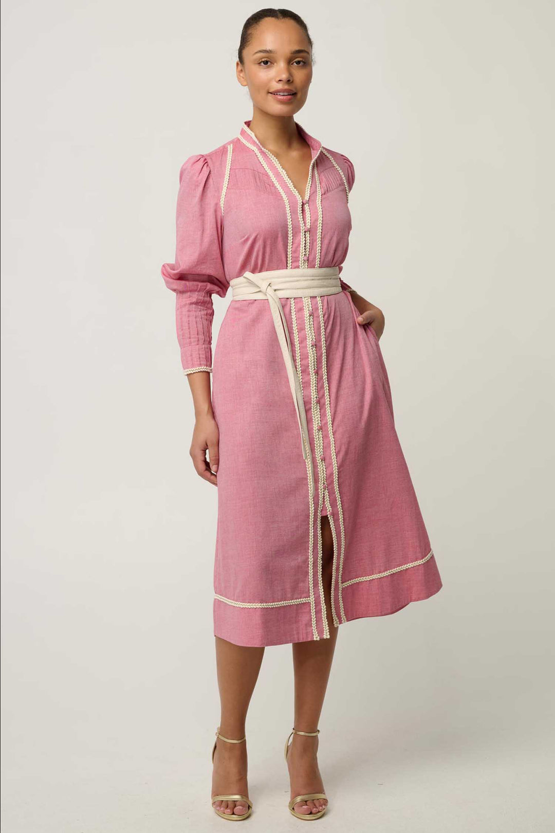 Isla Trim Detail Dress in Blush Chambray