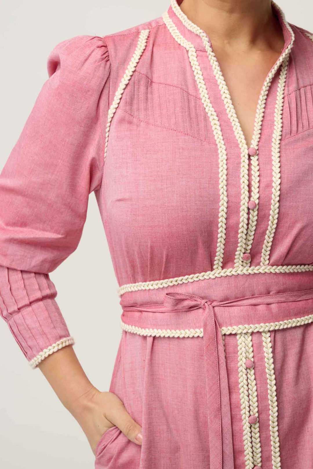 Isla Trim Detail Dress in Blush Chambray