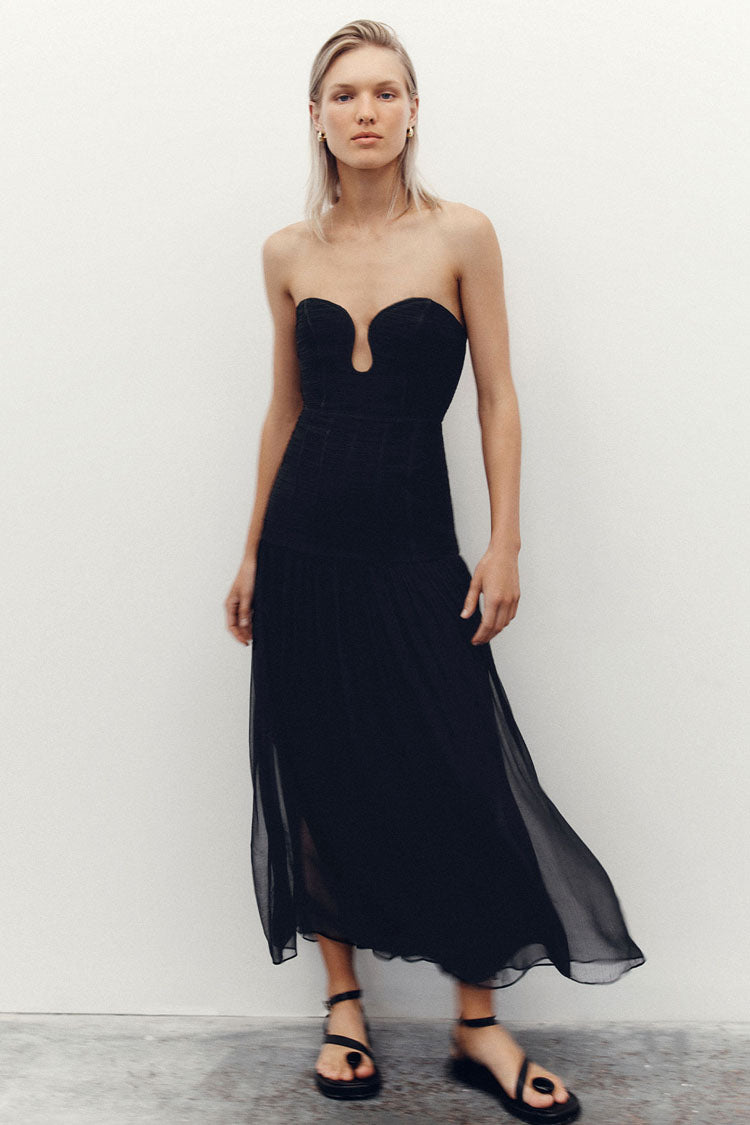 Isola Strapless Ruched Midi Dress