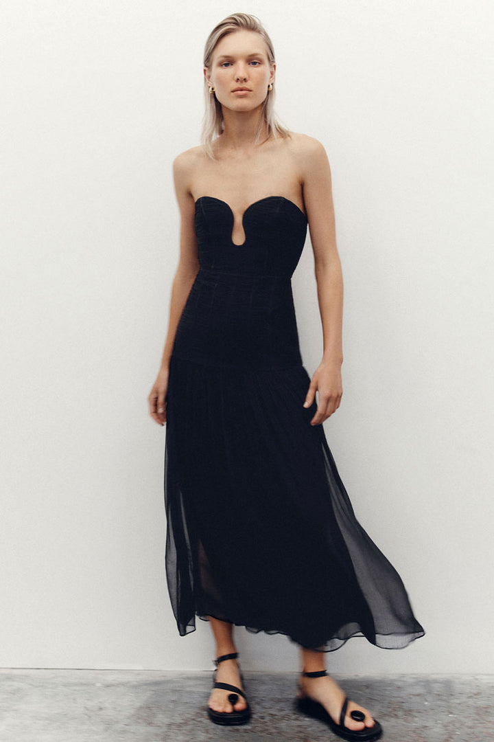 Isola Strapless Ruched Midi Dress