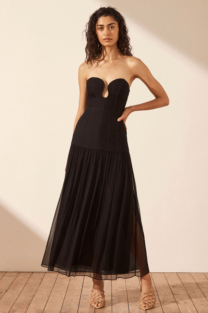 Isola Strapless Ruched Midi Dress