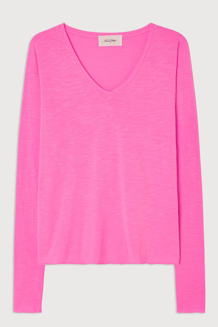 Jacksonville V Neck LS T-shirt in Fluro Pink