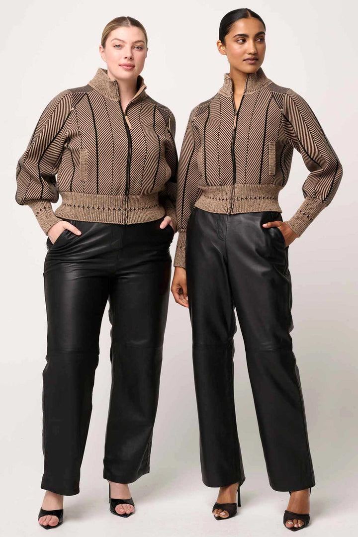 Jeanne Wool Blend Knit Bomber Jacket in Tan Chevron