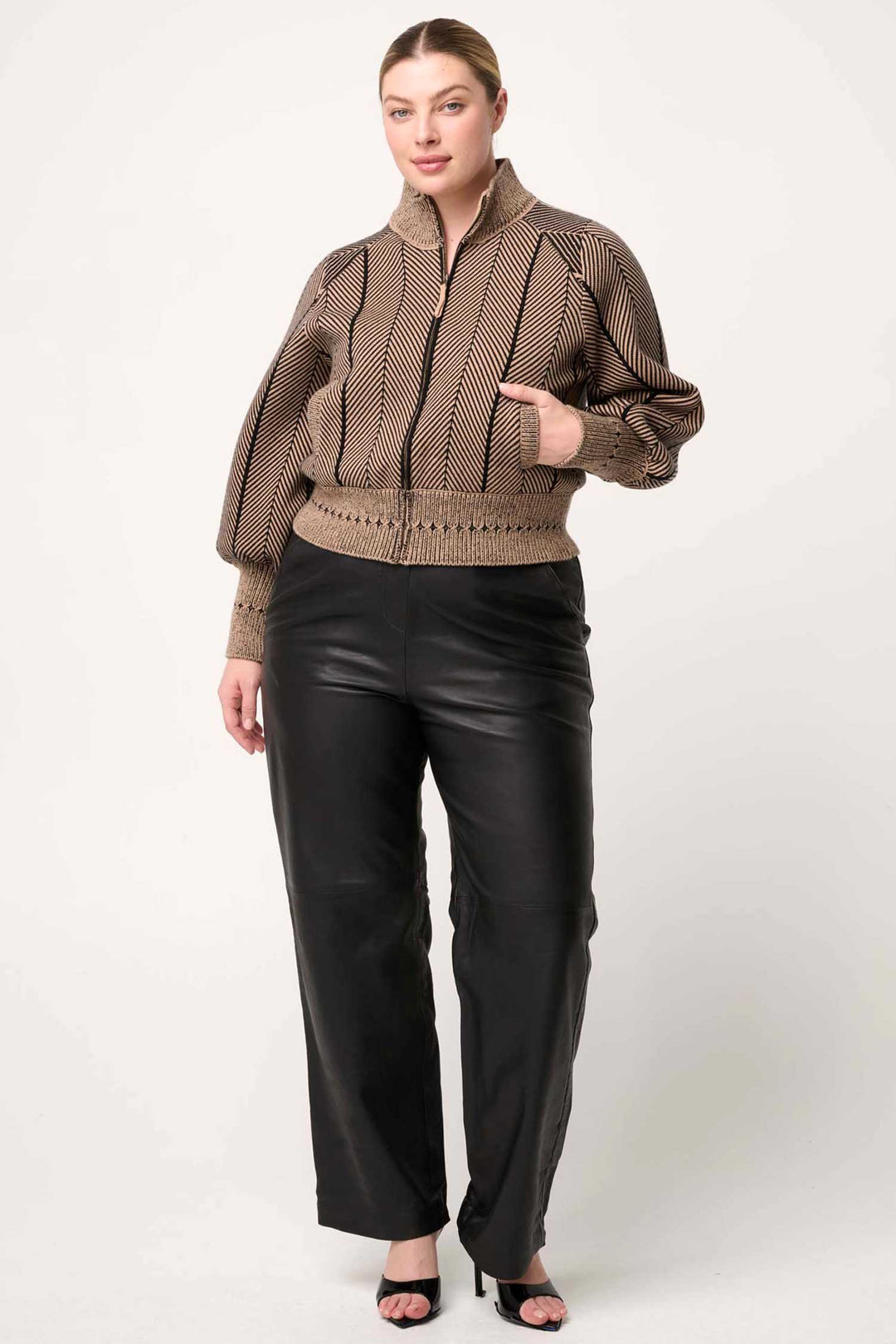 Jeanne Wool Blend Knit Bomber Jacket in Tan Chevron