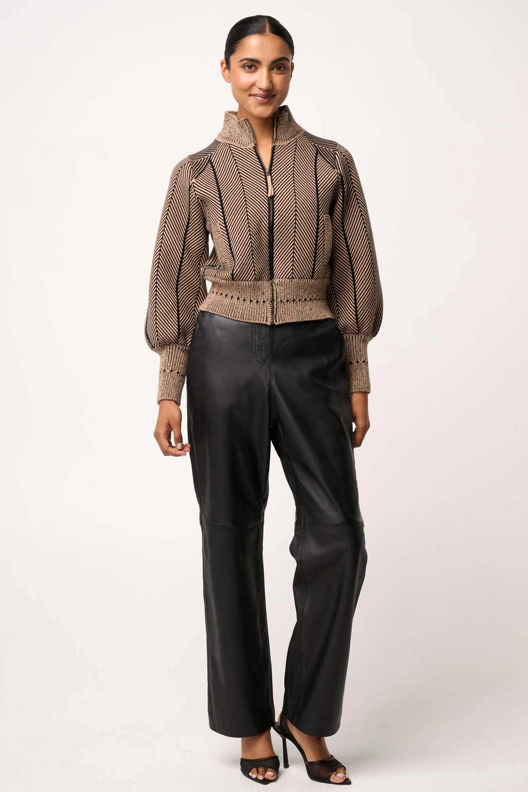 Jeanne Wool Blend Knit Bomber Jacket in Tan Chevron