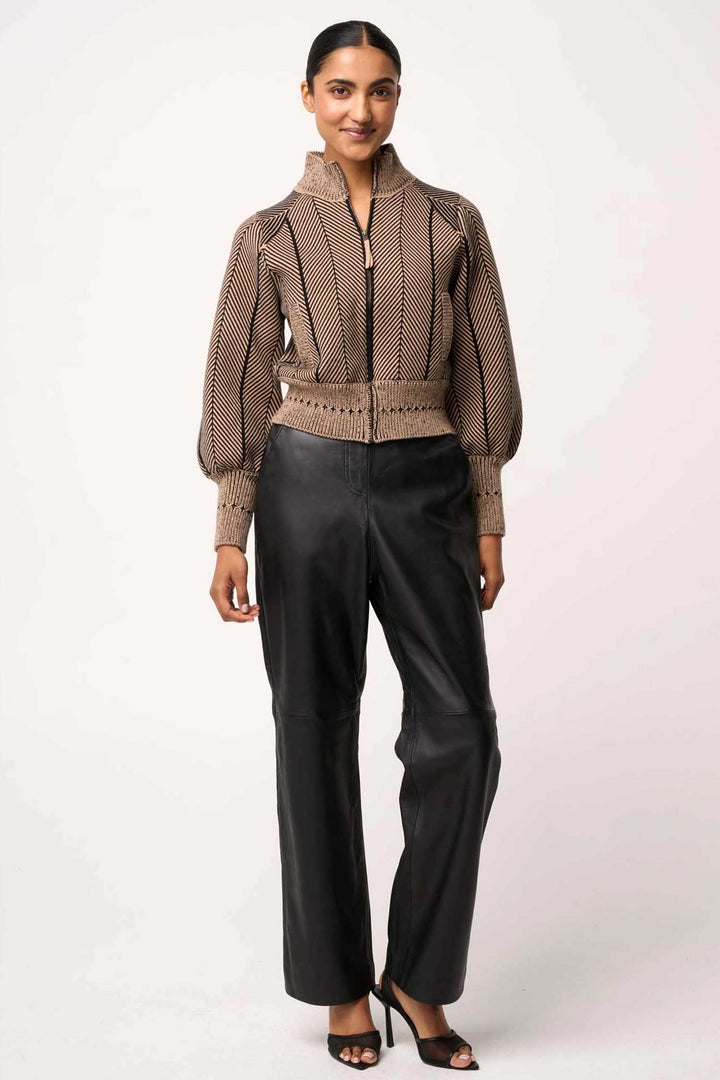 Jeanne Wool Blend Knit Bomber Jacket in Tan Chevron