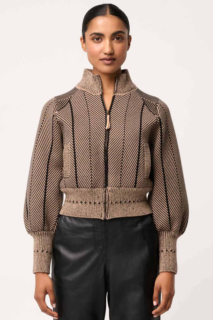 Jeanne Wool Blend Knit Bomber Jacket in Tan Chevron