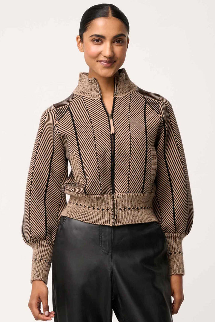Jeanne Wool Blend Knit Bomber Jacket in Tan Chevron