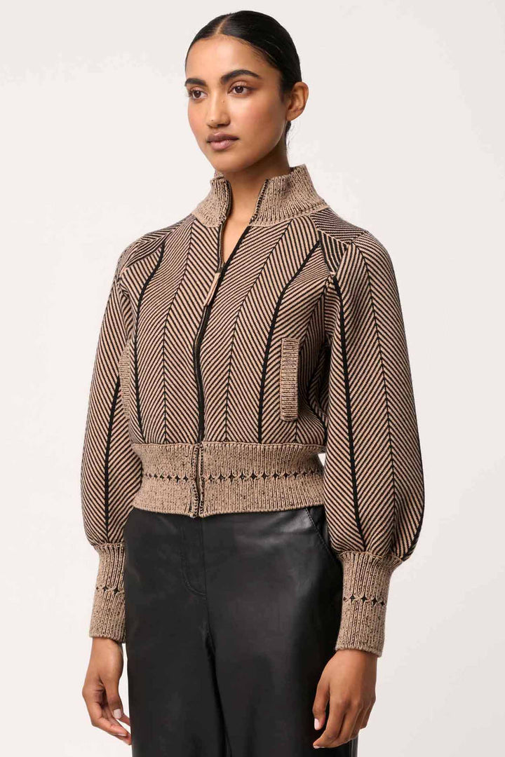 Jeanne Wool Blend Knit Bomber Jacket in Tan Chevron