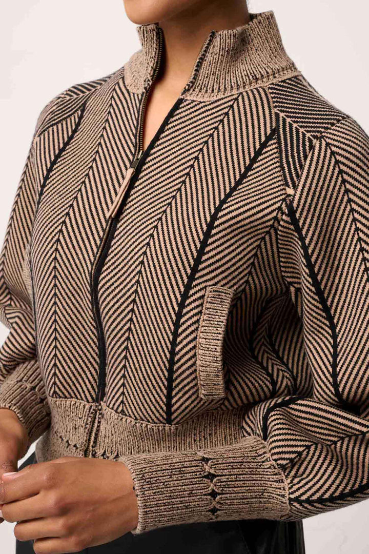 Jeanne Wool Blend Knit Bomber Jacket in Tan Chevron