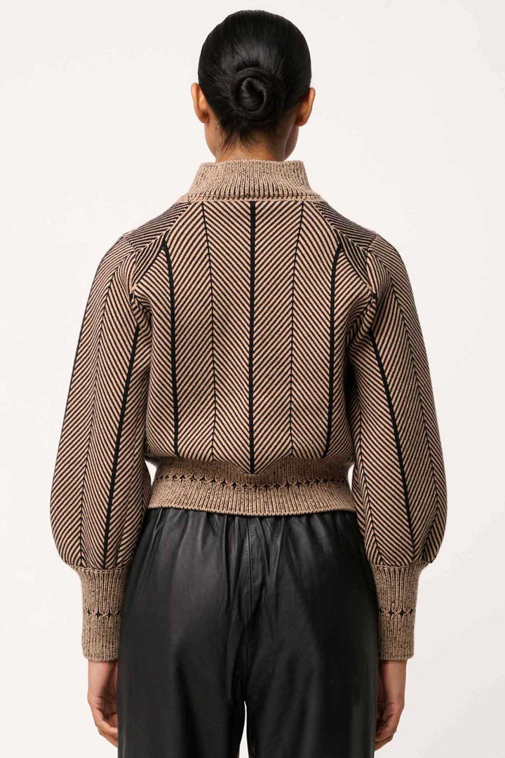 Jeanne Wool Blend Knit Bomber Jacket in Tan Chevron