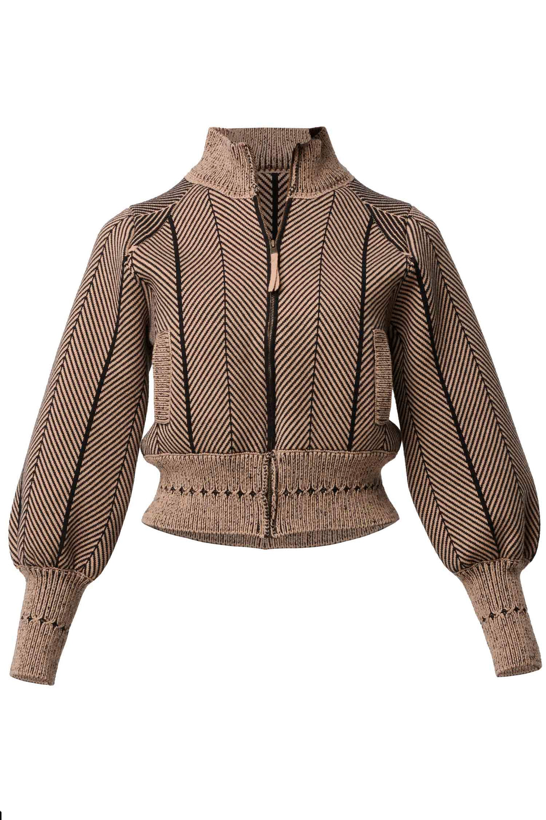 Jeanne Wool Blend Knit Bomber Jacket in Tan Chevron