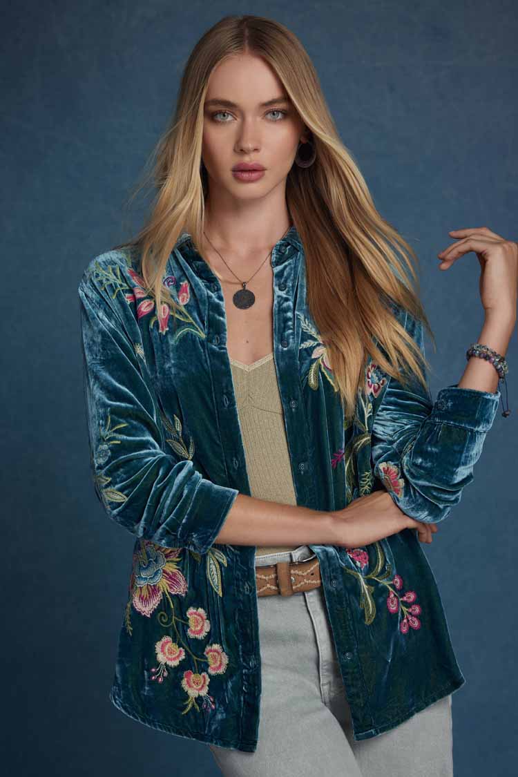 Julianna Velvet Oversized Shirt in Peacock