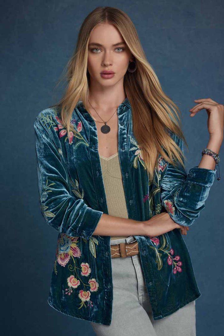 Julianna Velvet Oversized Shirt in Peacock
