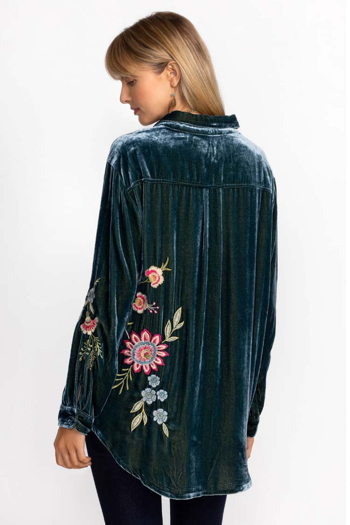 Julianna Velvet Oversized Shirt in Peacock