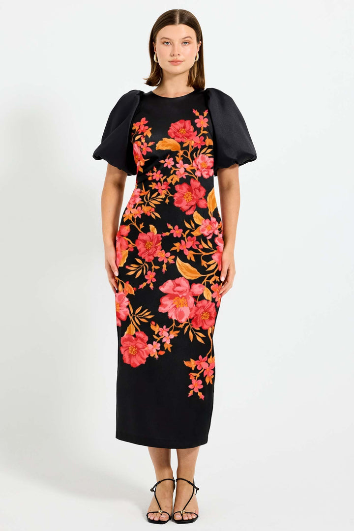Juliette Sleeve Midi Dress in Black Floral