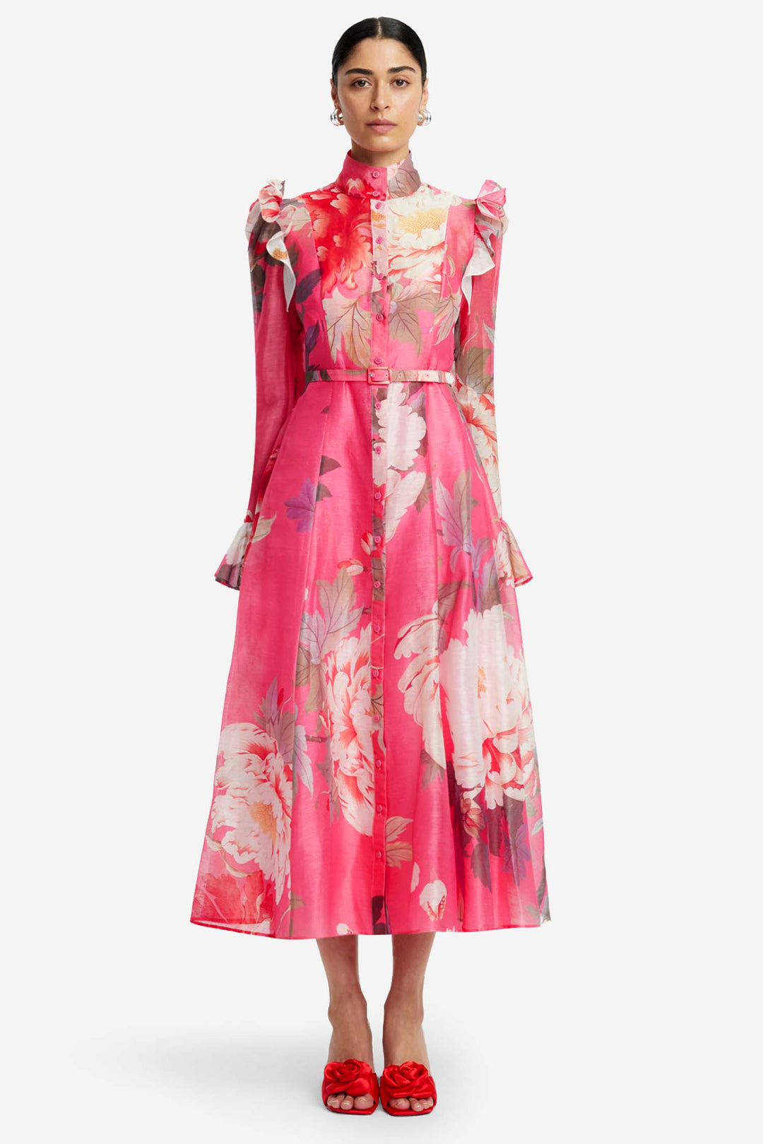 Katrina Butterfly Sleeve Midi Dress in Peony Print in Fuchsia