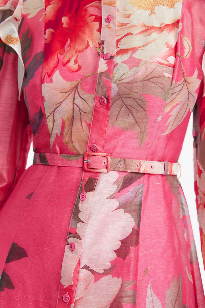 Katrina Butterfly Sleeve Midi Dress in Peony Print in Fuchsia