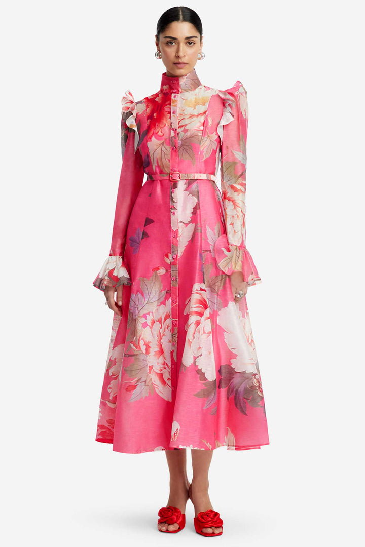 Katrina Butterfly Sleeve Midi Dress in Peony Print in Fuchsia