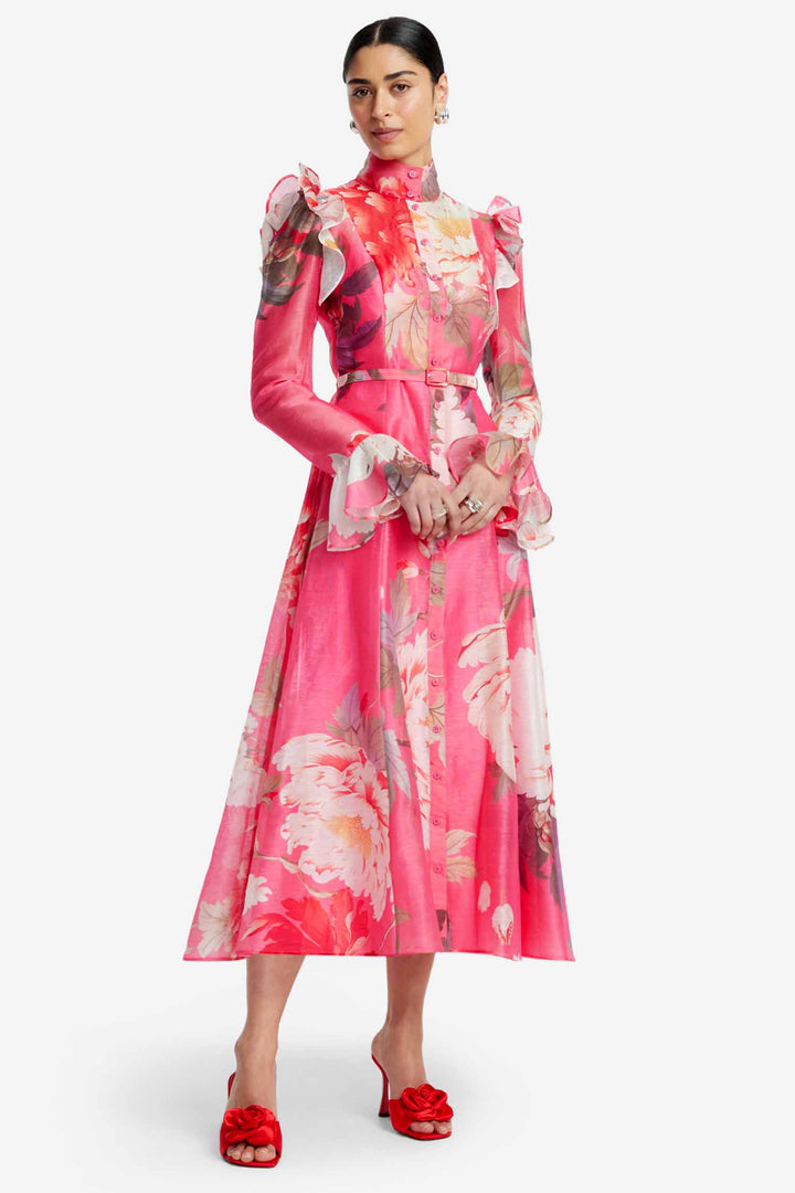 Katrina Butterfly Sleeve Midi Dress in Peony Print in Fuchsia