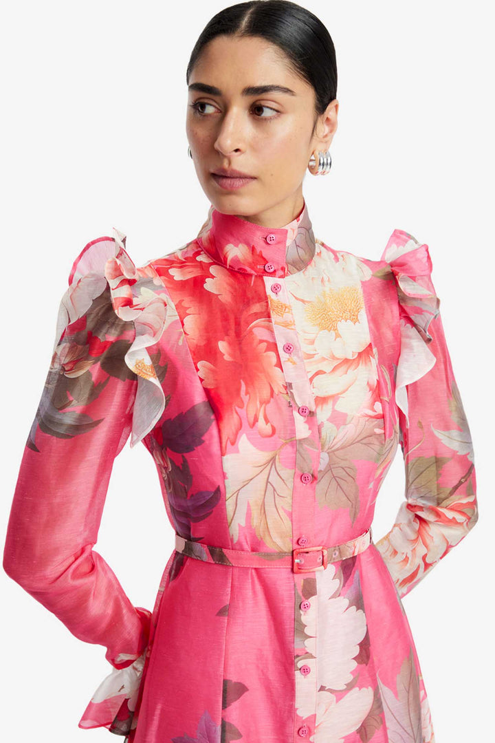 Katrina Butterfly Sleeve Midi Dress in Peony Print in Fuchsia
