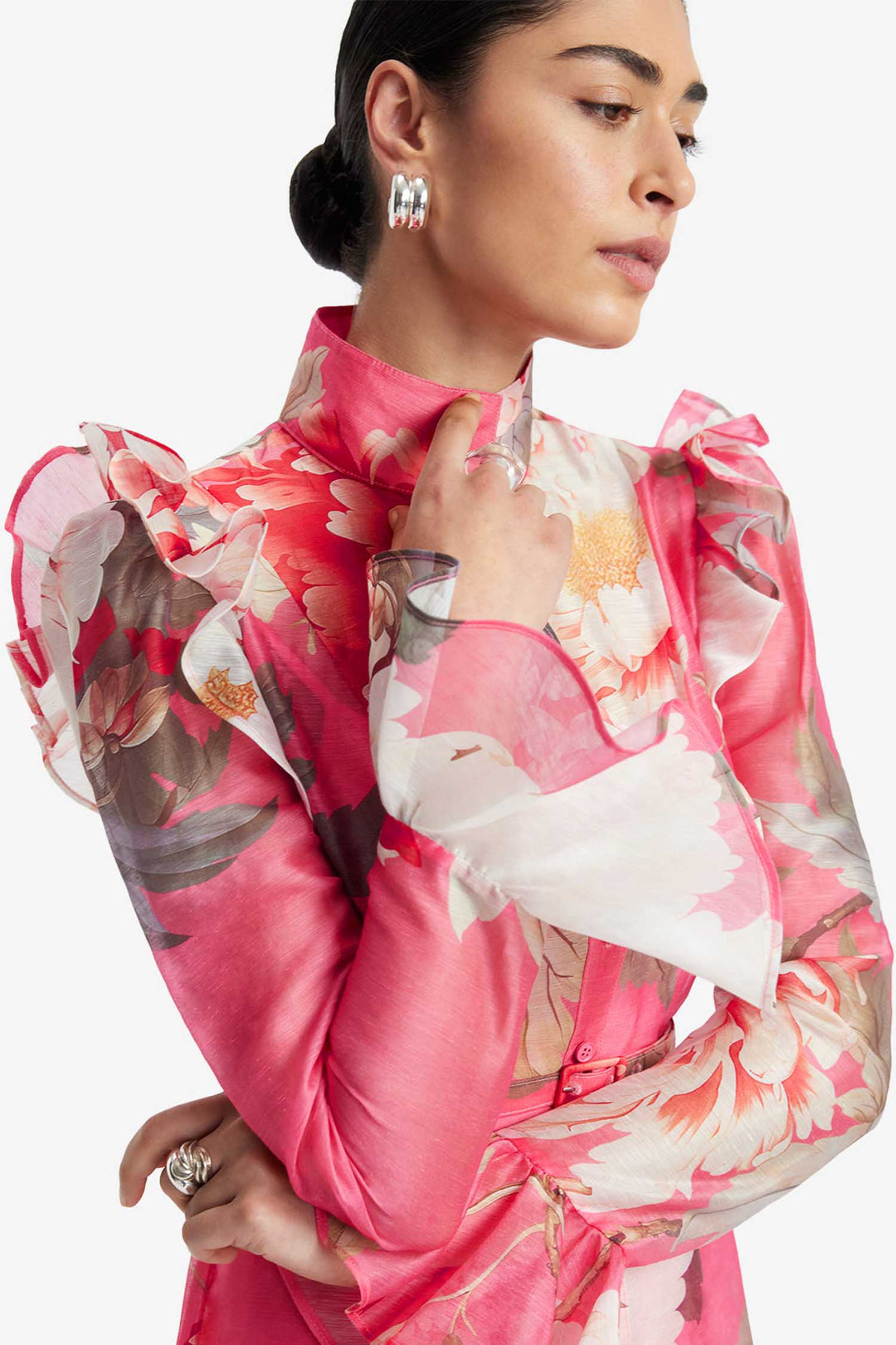 Katrina Butterfly Sleeve Midi Dress in Peony Print in Fuchsia