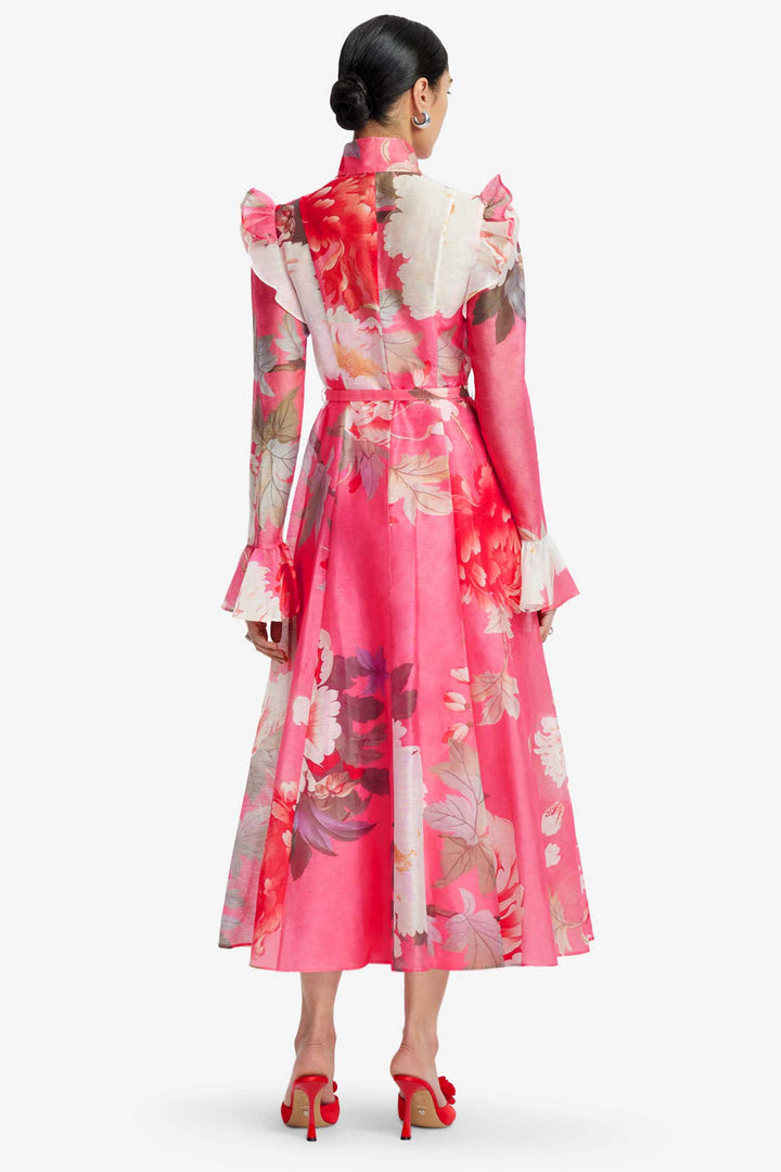 Katrina Butterfly Sleeve Midi Dress in Peony Print in Fuchsia