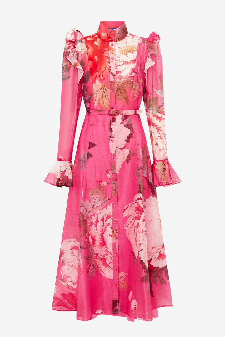 Katrina Butterfly Sleeve Midi Dress in Peony Print in Fuchsia