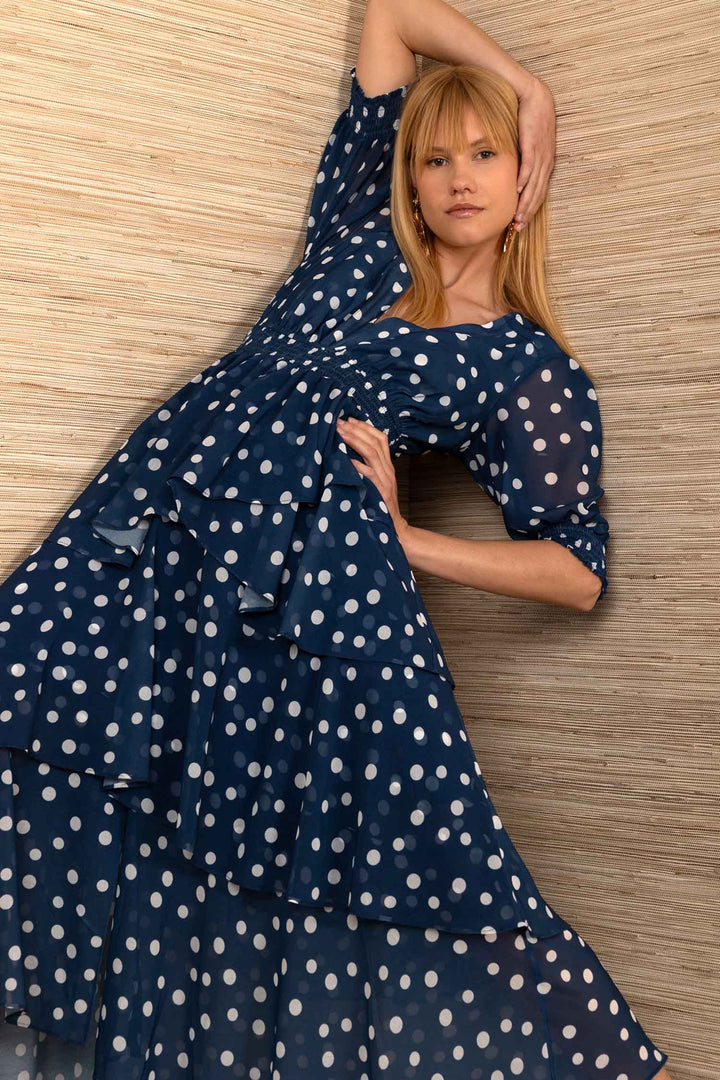 Kiera SS Tiered Dress in Navy