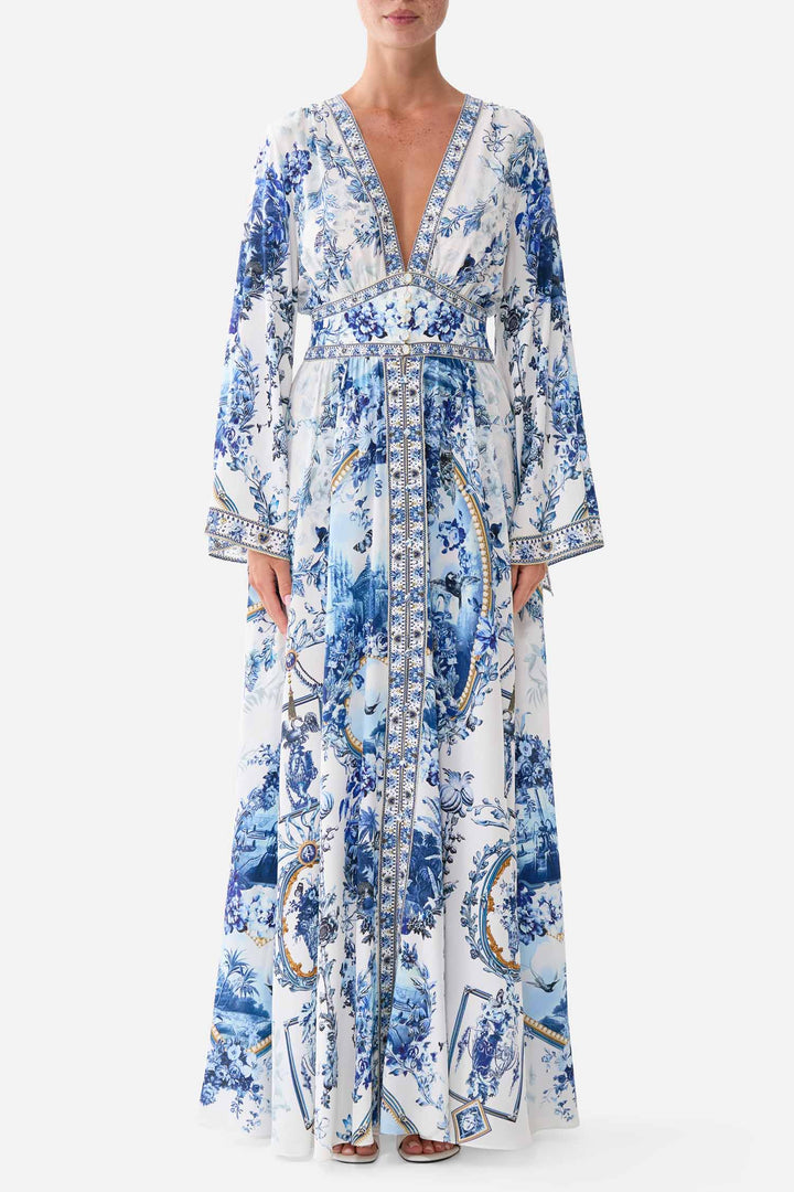 Kimono Sleeve Dress with Shirring Detail in The Porcelain Parlour