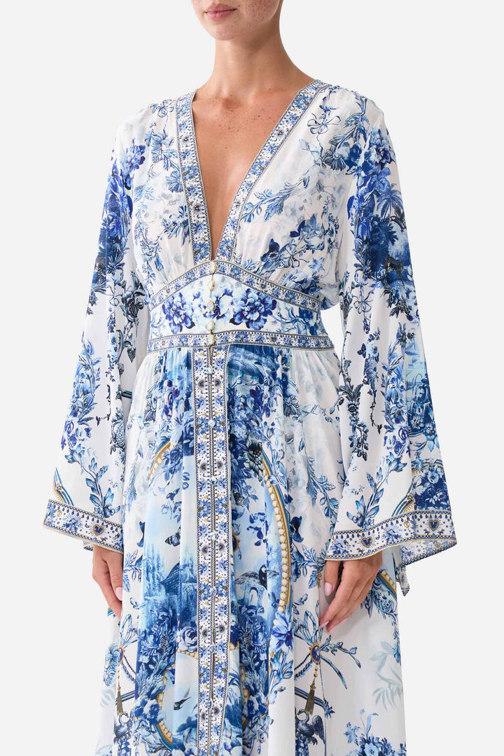 Kimono Sleeve Dress with Shirring Detail in The Porcelain Parlour