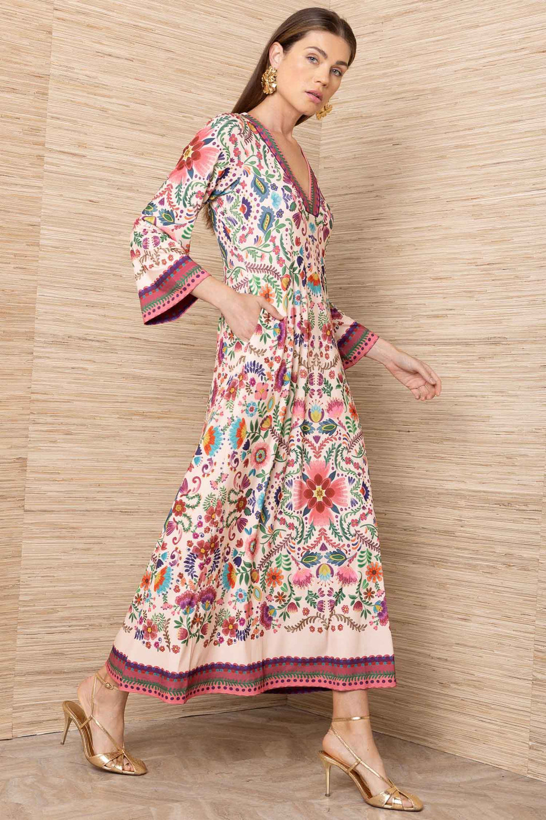 Kirby V Neck Caftan Dress in Pink