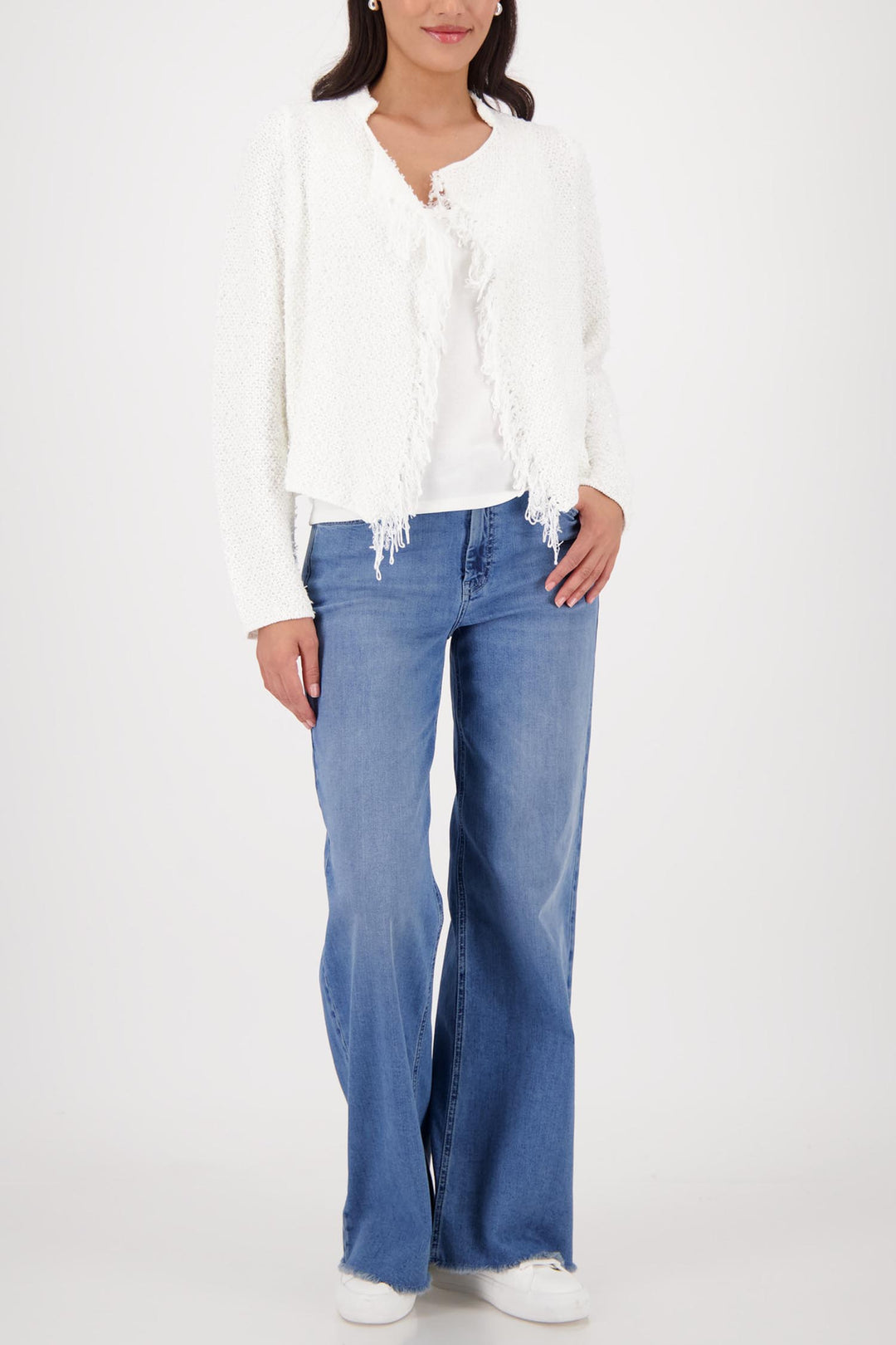 Knitted Sequin Cardigan w Fringe in Off White