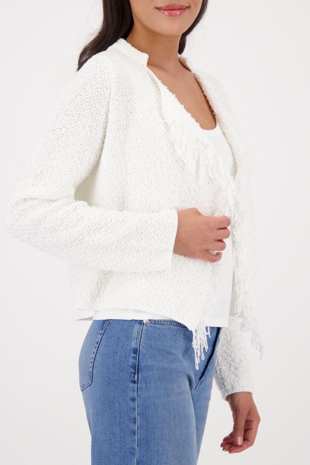 Knitted Sequin Cardigan w Fringe in Off White