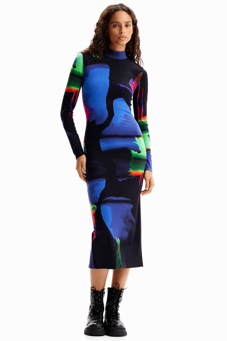 LS Neon Printed Knit Midi Dress