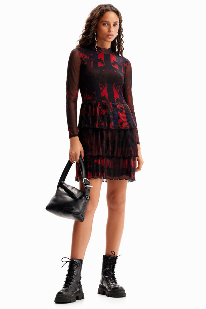 LS Pleated Print Mini Dress