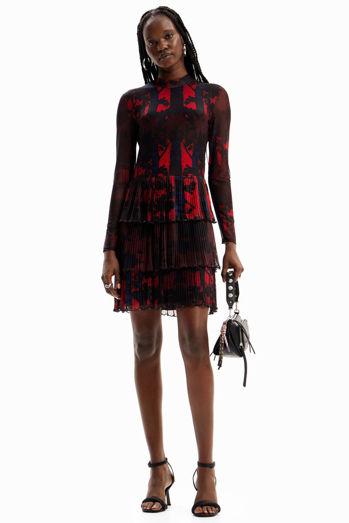 LS Pleated Print Mini Dress