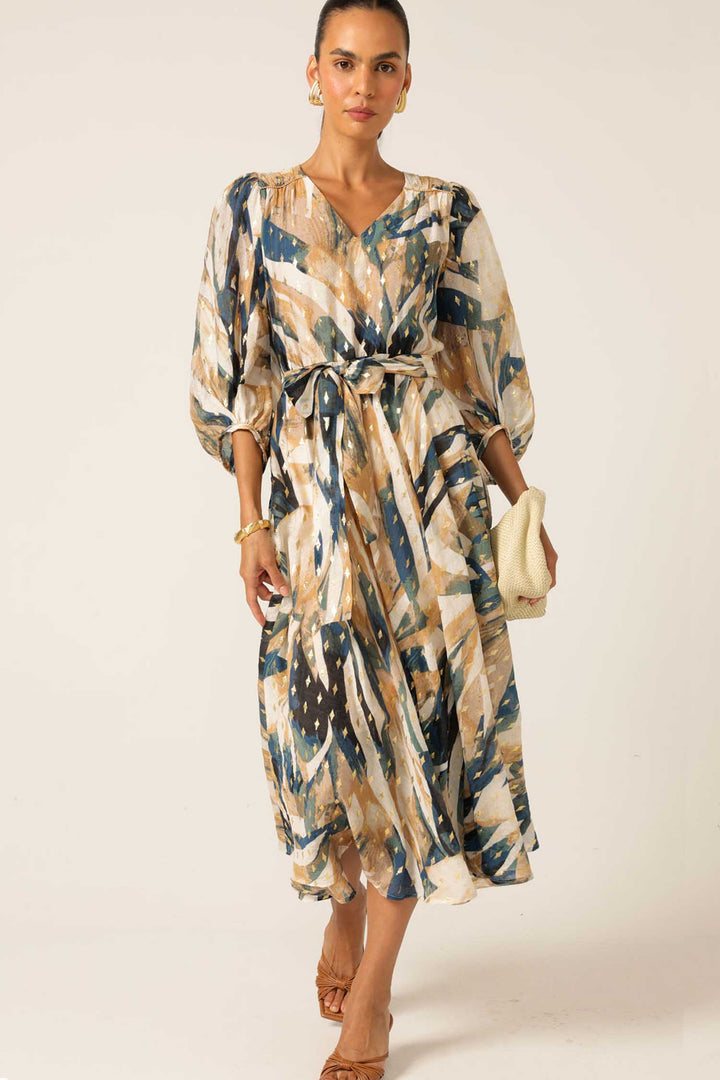 La Mer Midi Dress in Caramel Navy