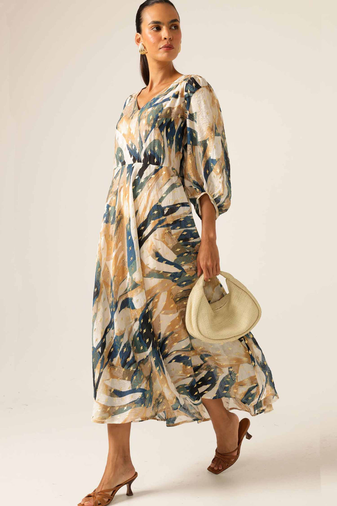 La Mer Midi Dress in Caramel Navy
