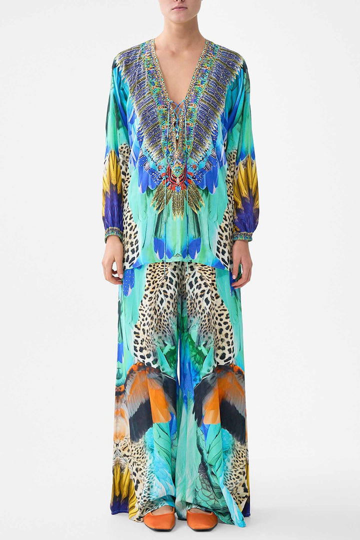 Lace Up Blouse in Jungle Flight