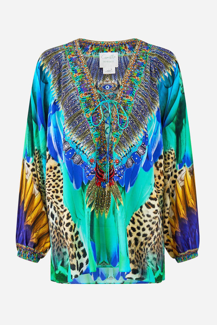 Lace Up Blouse in Jungle Flight
