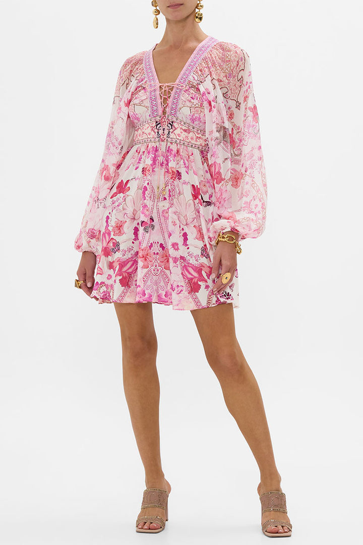 Lace Up Front Short Dress in Botanical Novella